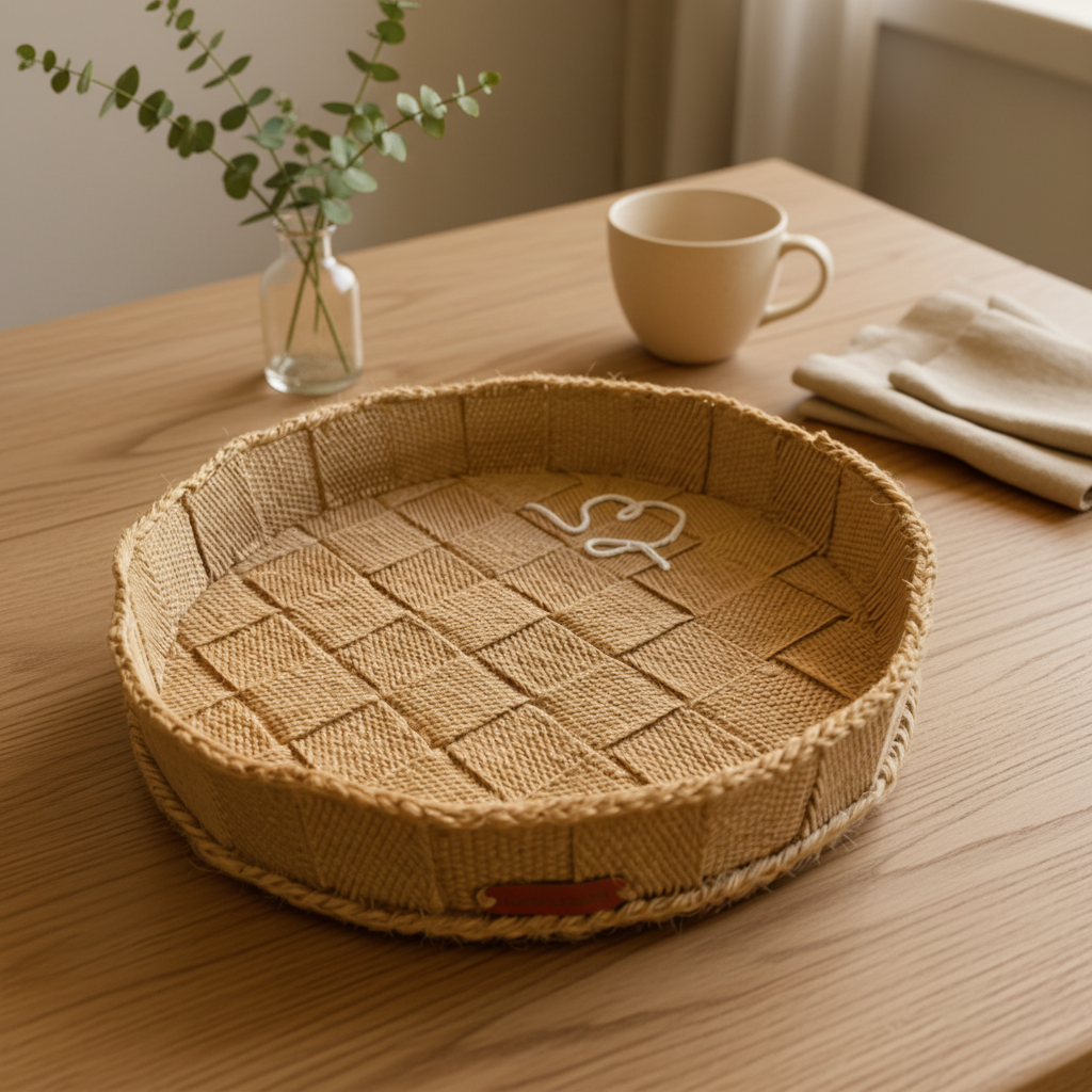 Embrace No.3 håndflettet fat i jute med naturhvit signaturlinje og skinnlogo