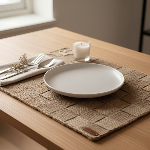 Embrace No.1 Håndflettet spisebrikke i jute-naturhvit – oppdekking
