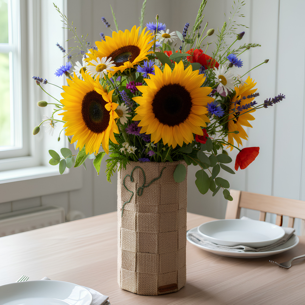 Embrace No.2 Håndflettet blomstervase i jute med sommerblomster