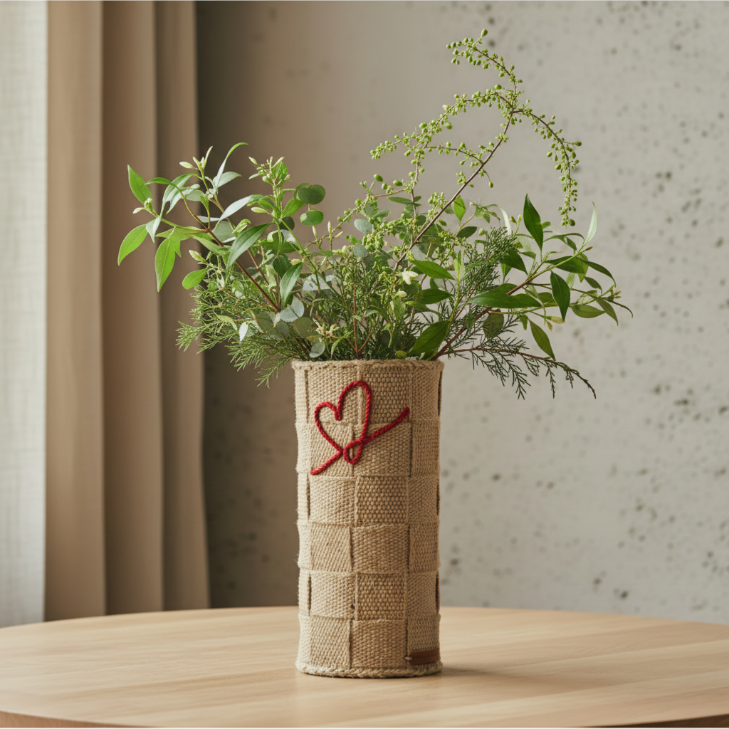 Embrace No.2 Håndflettet blomstervase i jute med grønne kvister og eplerød signaturlinje