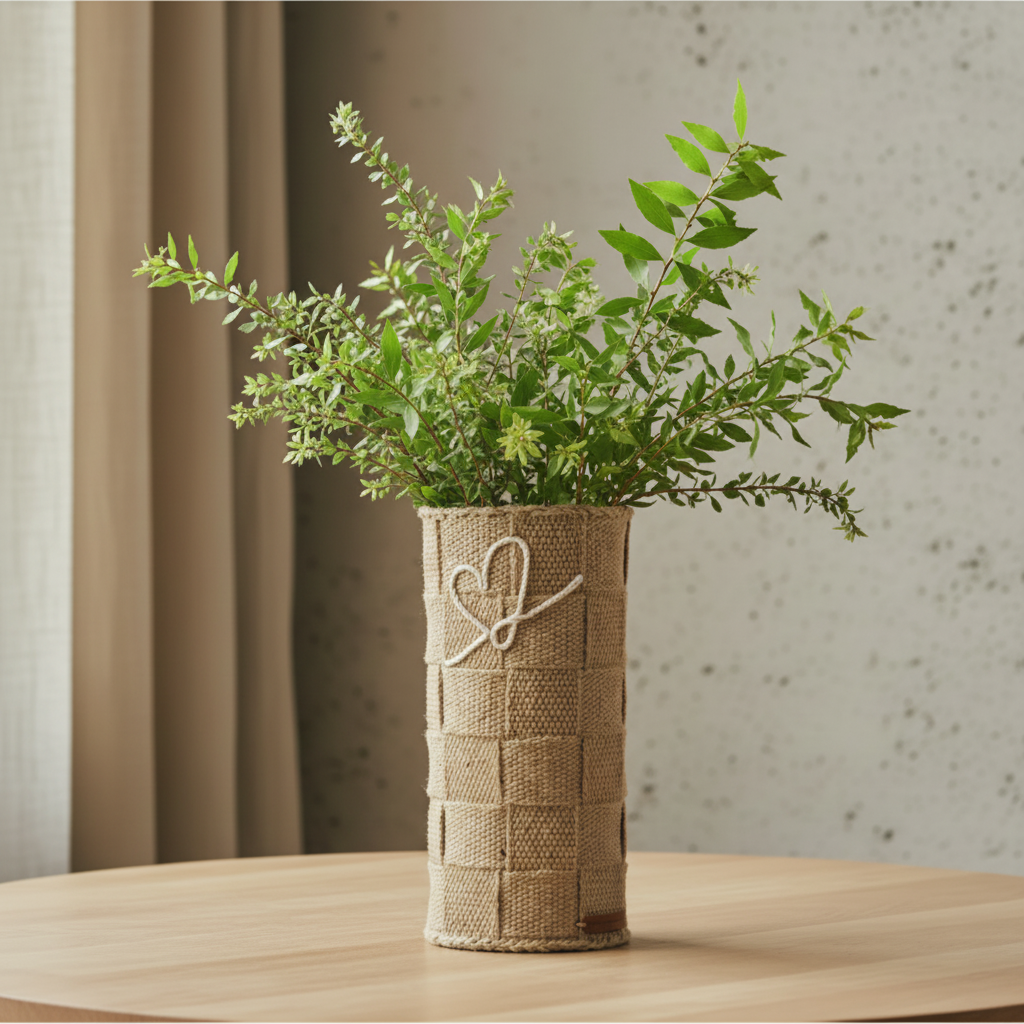 Embrace No.2-vase med grønne kvister og naturhvit signaturlinje