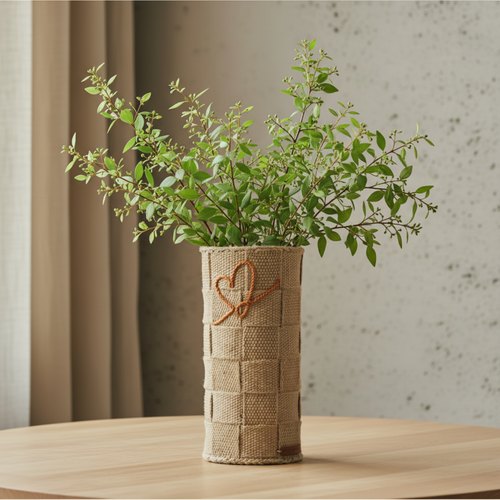 Embrace No.2 Håndflettet blomstervase i jute med grønne kvister og rognebæroransje signaturlinje