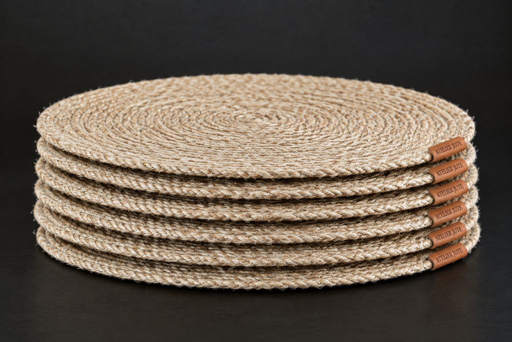 Stabel med 6 håndlagde jute-dekketallerkener, sett fra siden