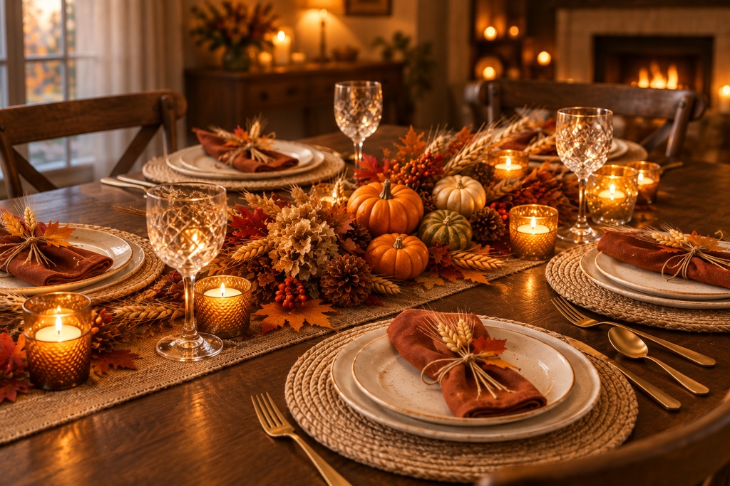 Thanksgiving-oppdekket bord for 4, sett fra skrå vinkel
